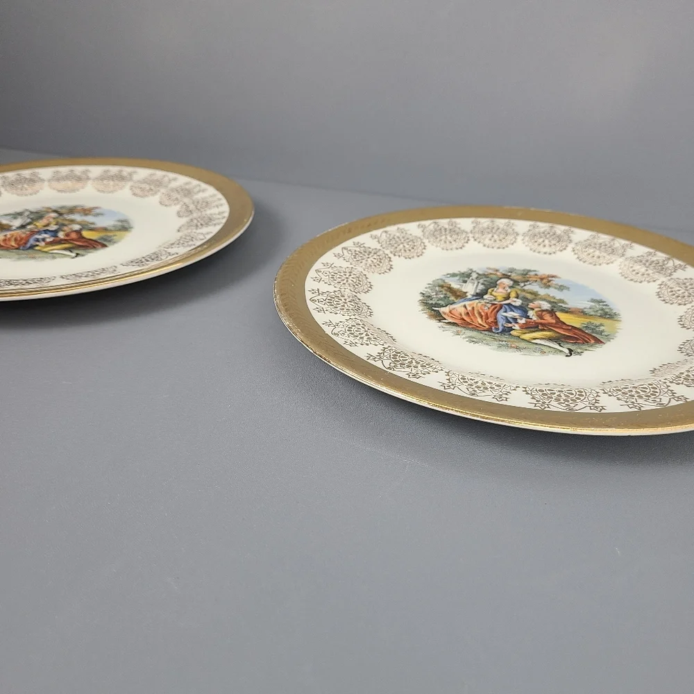 King Quality Hand Painted 22 KT. Gold USA Fragonard Rococo Vintage Plates- Set